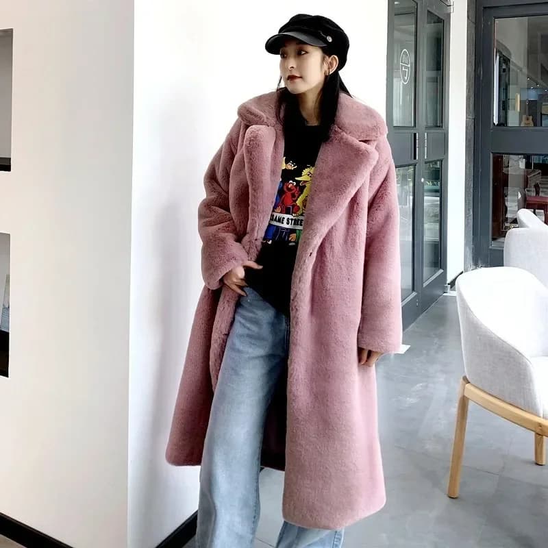Giacca di pelliccia Cappotto di pelliccia imitazione coniglio da donna di grandi dimensioni esteso Cappotto di pelliccia invernale caldo per donna