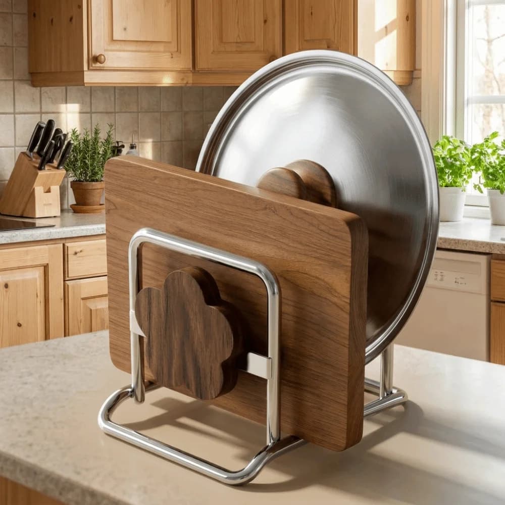 Stainless Steel Cutting Board Rack Stable Space Saving Pot Lid Holder Rustproof Vintage Style Pot Lid Storage Rack