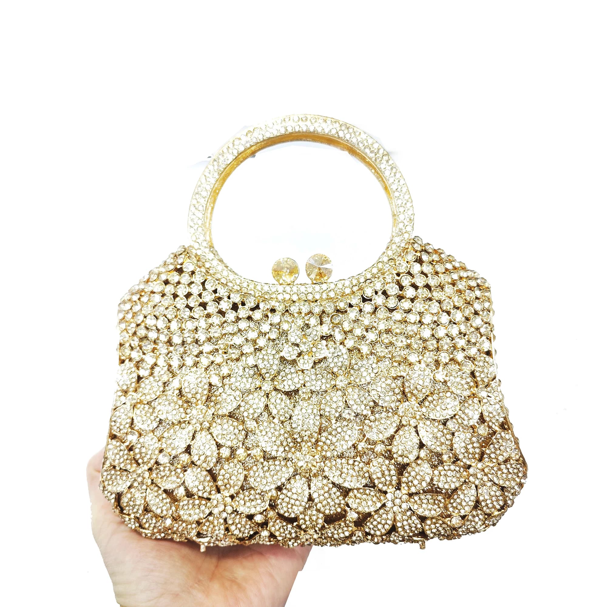Gold Metal Flower Diamond Top-Handle Bags Rhinestone Evening Bag WHTUOHENG White Crystal Clutch Women's Floral Wedding Handbags