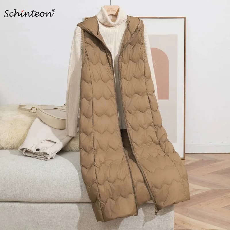 Schinteon Women's Ultralight White Duck down X-Long Vest with Hood Casual Slim Autumn Winter Warm Waistcoat Portable Bag 2026