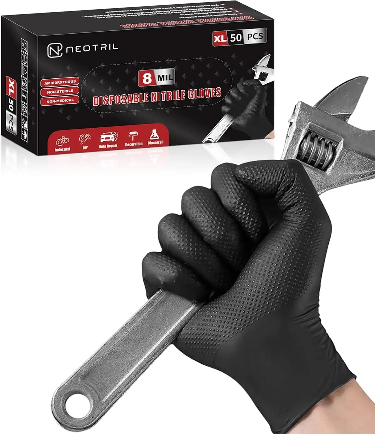 Guanti in Nitrile Monouso Resistenti da 8 Mil con Texture a Diamante per una Presa Migliorata, Senza Polvere