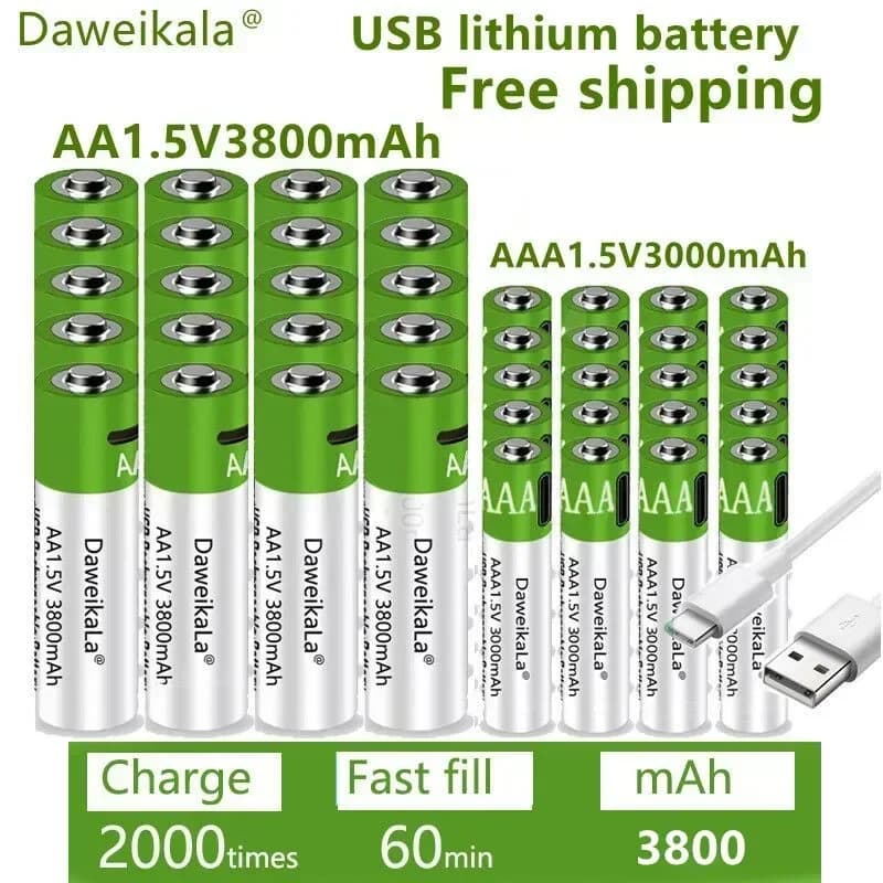 Nuovo USB AA 1.5V 3800mah + 1.5V AAA 3000mAh Batteria ricaricabile agli ioni di litio Torcia giocattolo Orologio Lettore MP3 Batteria agli ioni di litio di ricambio