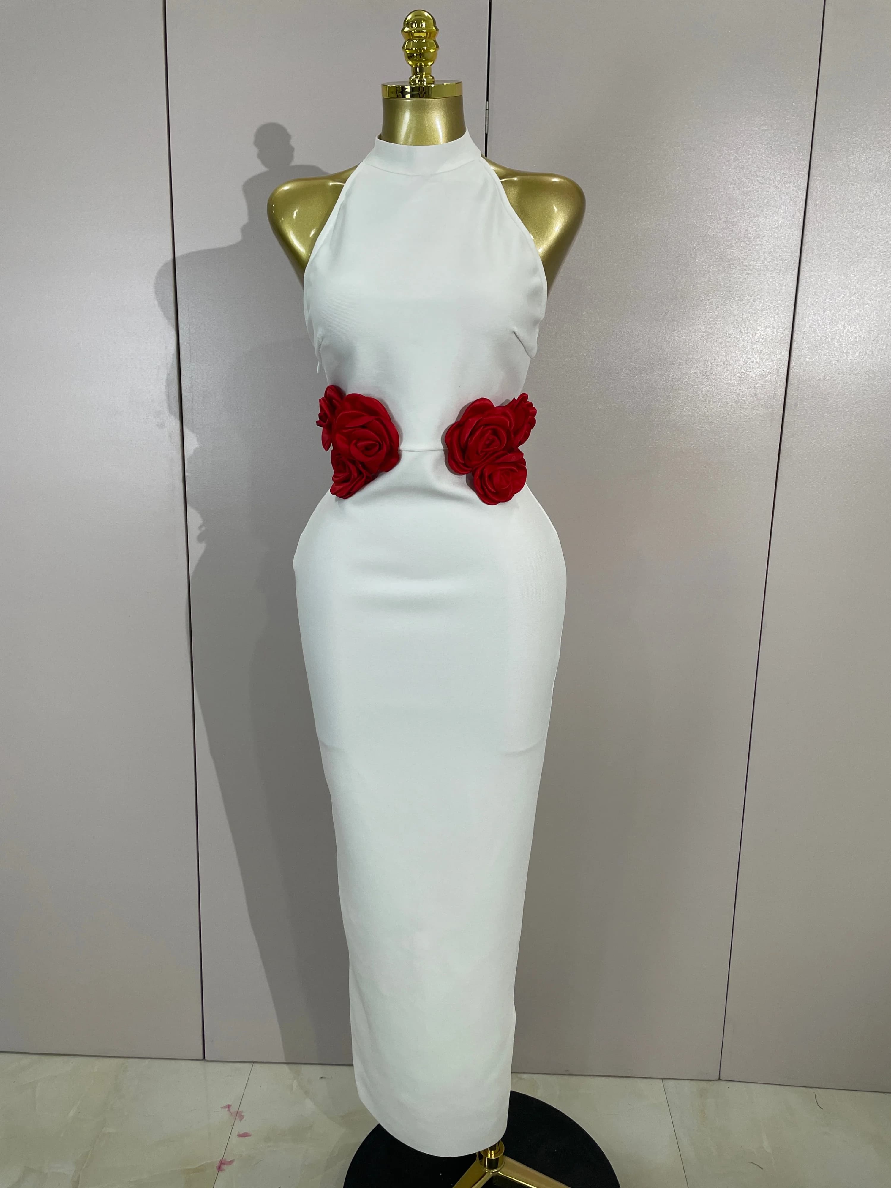 High Quality Celebirty Elegant Evening Club Party Birthday Dress Women Sexy Backless Red Flower White Bodycon Long Bandage Dress