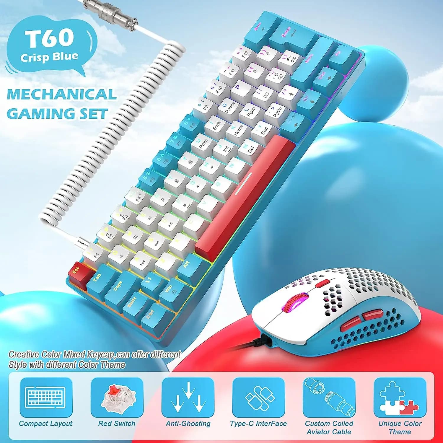 60% Combo tastiera e Mouse meccanici + cavo USB C vassoio, tastiera retroilluminata a LED RGB, interruttori rossi, Mouse programmabile 6400 DPI