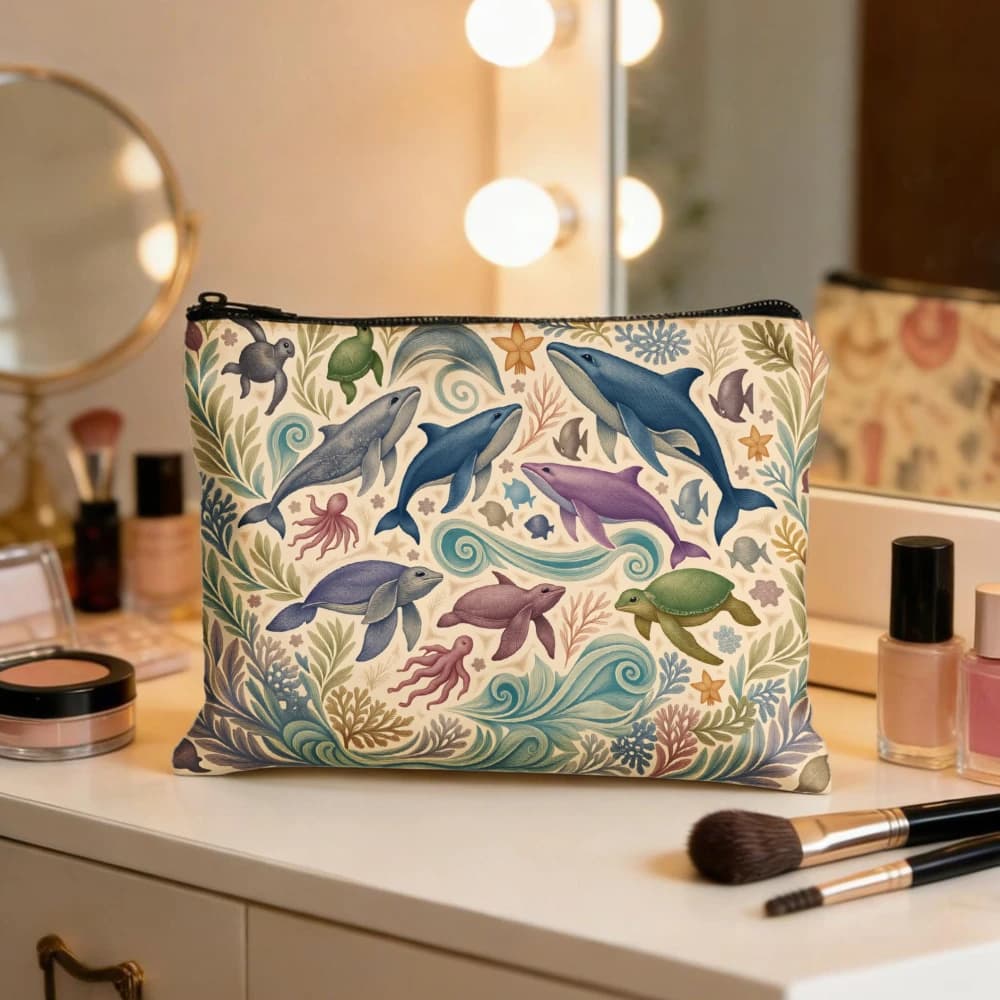 Borse per il Trucco con Motivi di Delfini, Tartarughe, Polpi, Onde e Alghe per Ragazze, Astuccio per Cosmetici, Borsa da Toilette, Astuccio per Matite, Contenitore da Viaggio