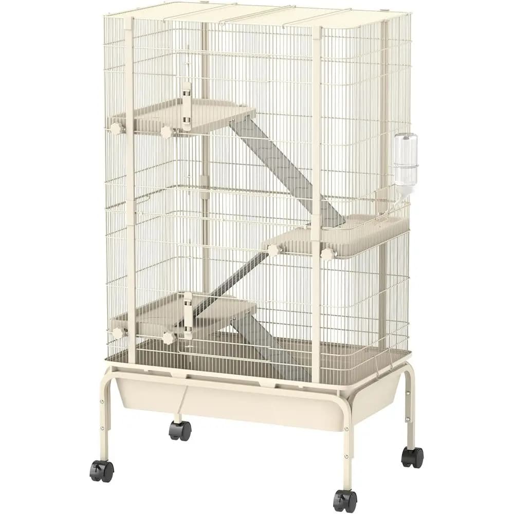 Gabbia per Animali Domestici a 4 Livelli in Metallo con Ruote per Chinchilla, Conigli, Scoiattoli - Vassoio Profondo 5,9, 2 Porte, Bottiglia d'Acqua, Ciotola per Cibo, Beige