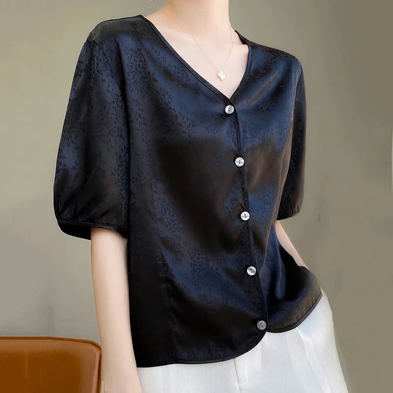 T-Shirt Jacquard Cardigan con scollo a v in stile cinese t-Shirt estiva allentata a maniche corte da donna strato Base ufficio Versatile semplice Top