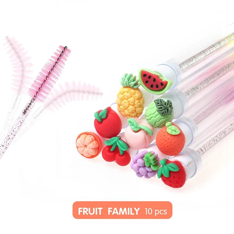 Set of 10 Pieces of Reusable Brushes for Fruit Shape Eyelashes, Mascara and Extension Ciglia Applyers, Makeup Tools