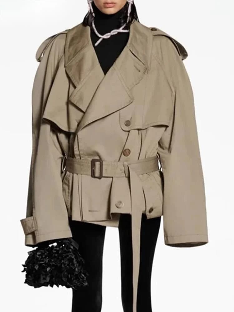 Trench Coat Corto da Donna in Cotone con Risvolto e Maniche Raglan, Doppiopetto, Tinta Unita, Antivento, Autunno 2026 Nuovo 7A8W61