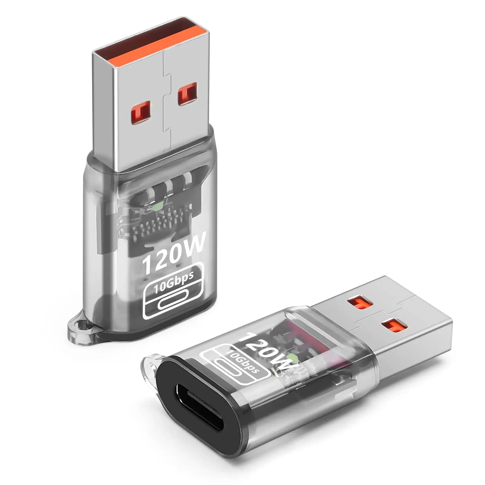 Adattatore USB a USB C OTG da 2 pezzi con ricarica rapida da 120 W, adattatore trasparente da tipo C femmina a tipo A maschio per laptop, MacBook