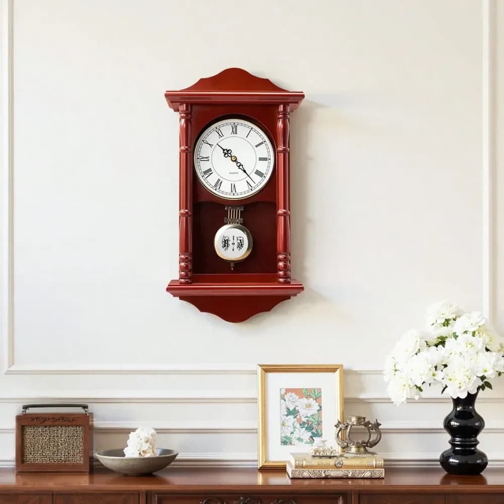 Vintage 18 inch classic wall clock with pendulum, pine and MDF wood, with quartz movement and silent design, for living room