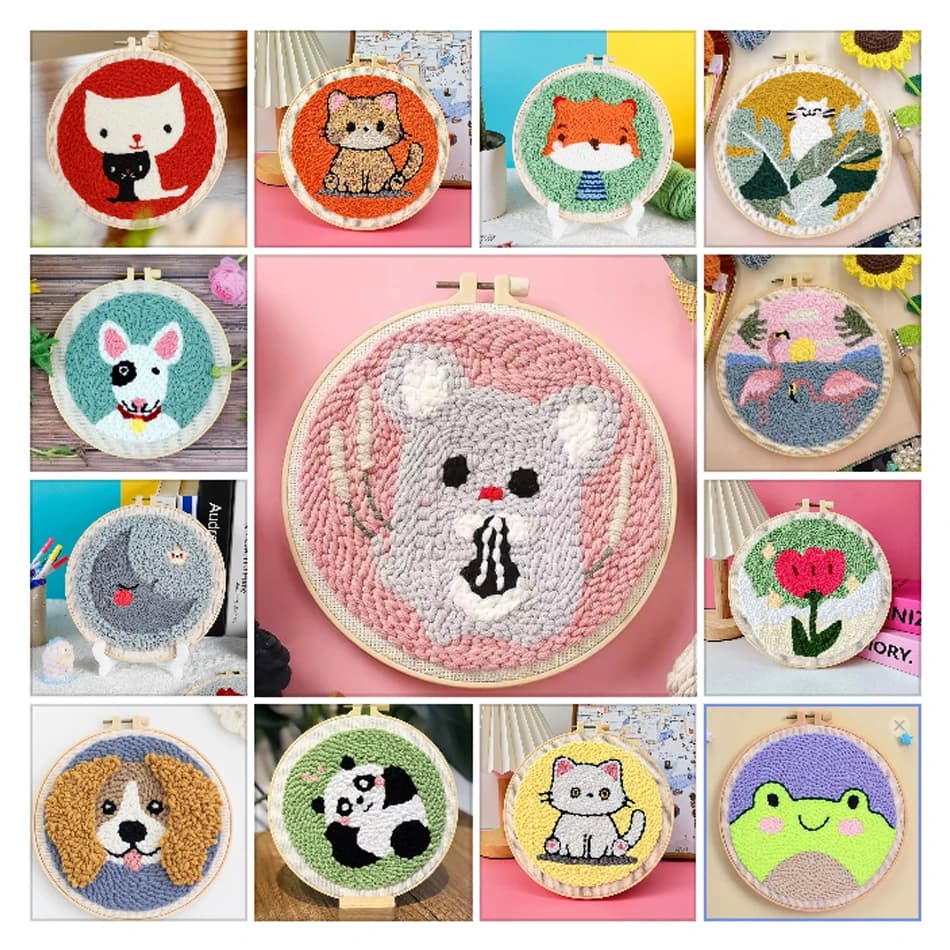 DIY Punch Needle Kits for Beginners Cute Cartoon Cat Dog with Hoop Embroidery Punch Needle Starter Craft Set for Adults 20x20cm