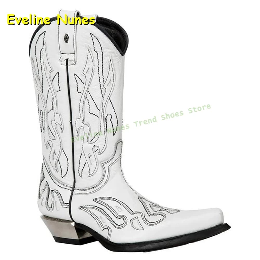 Punched Knight Boots with Flame Pattern Tip Toe Large Heels Metal Decoration Men's Knee Boots 2025 Trendy Autumn Shoes Large