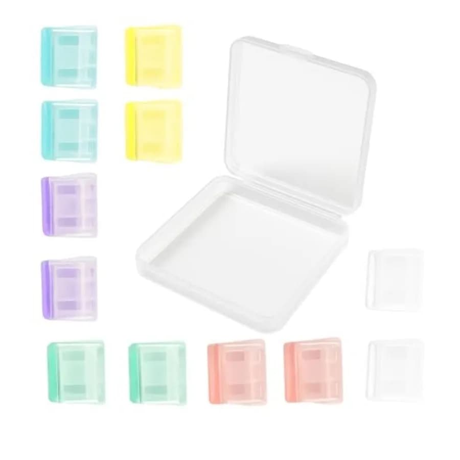 Clip-on Bookmarks 12 Pack Transparent Color Push Clip Page Markers with Storage Box, Reusable Plastic Paper Clamps for Books, S