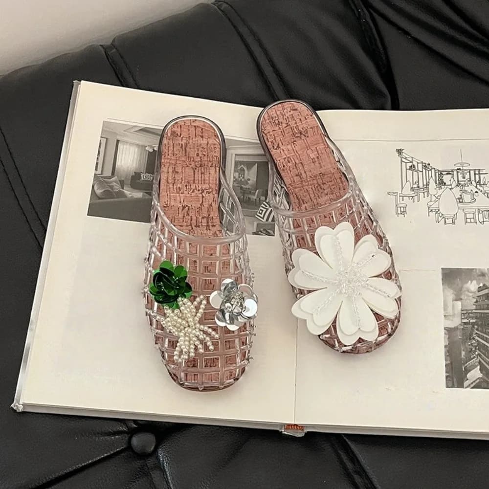 Pantofole in cristallo PVC con punta tonda Sandali in gelatina con rete da pesca trasparente antiscivolo Scarpe fai da te con fondo piatto morbido e basso Scarpe con ciondoli