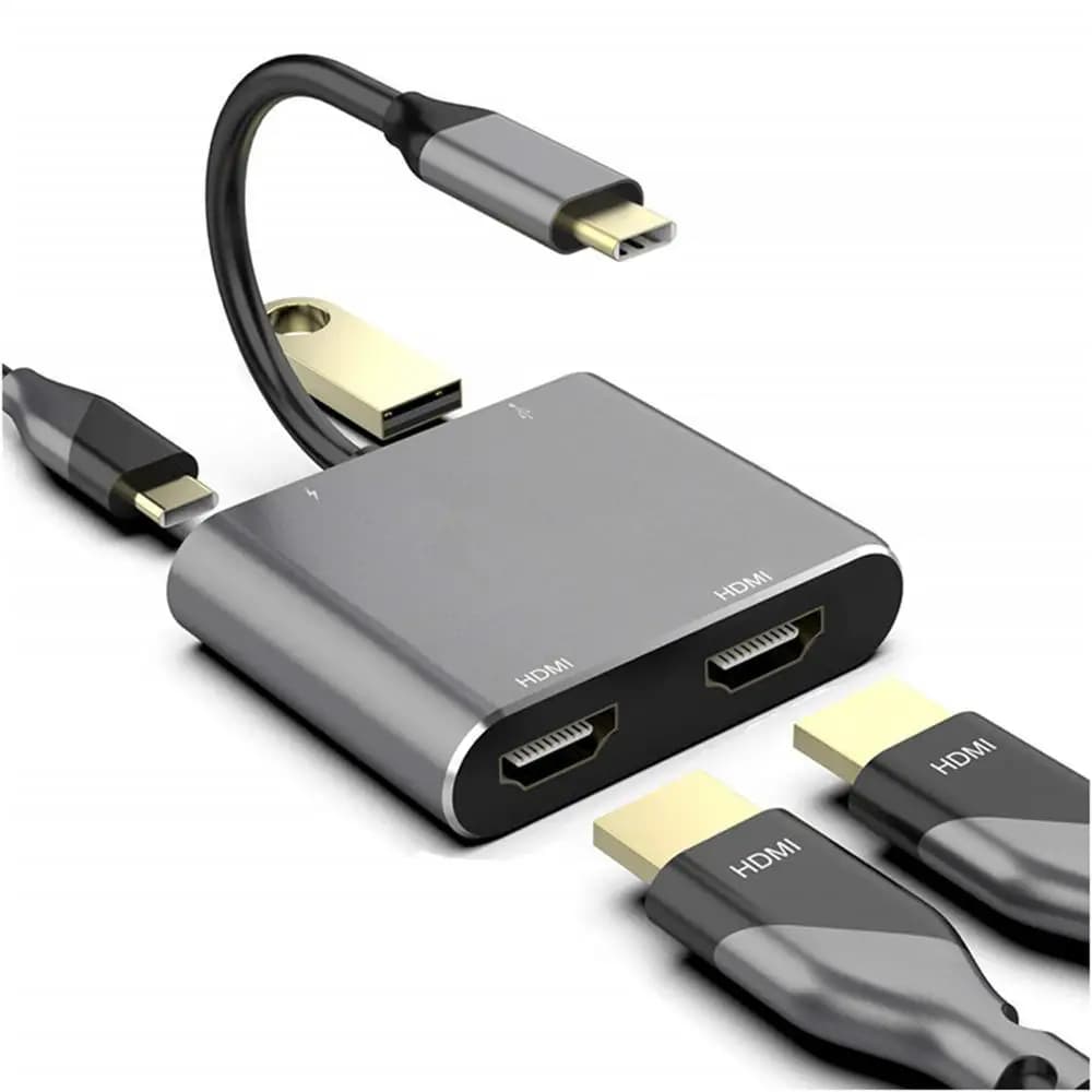 USB-C 4-in-1 Type-C Dual HDMI Dock for Double Screen, Compatible with Phone, Tablet and ROG, 4K