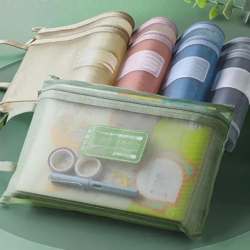 A4 File Storage Bag Zipper Double-Layer Mesh Large Capacity Transparent Student Stationery Organization Folder