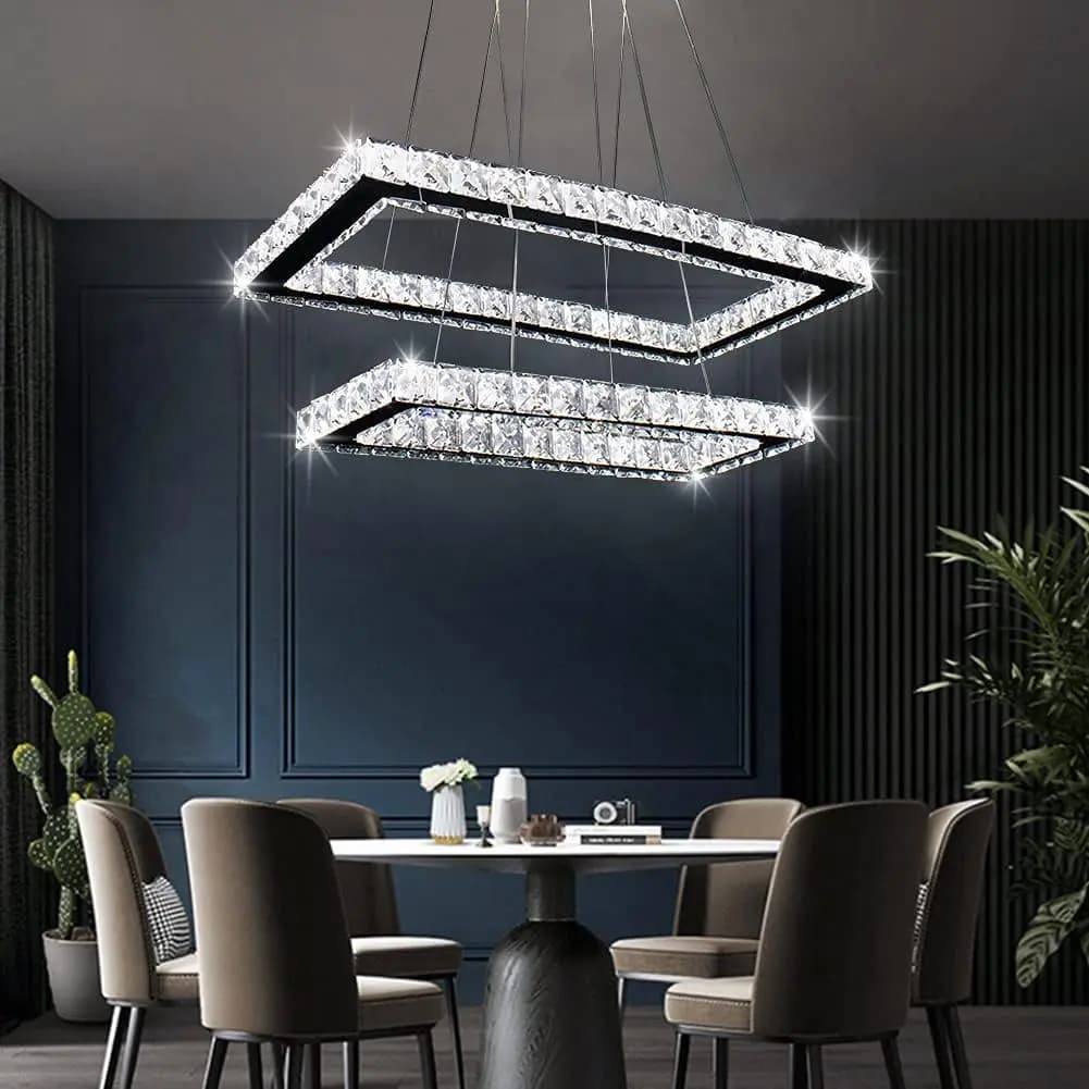 Lampadario Moderno, Rettangolare a 2 Anelli con Cristalli, Lampada a Sospensione LED per Sala da Pranzo, Soggiorno e Camere da Letto (60