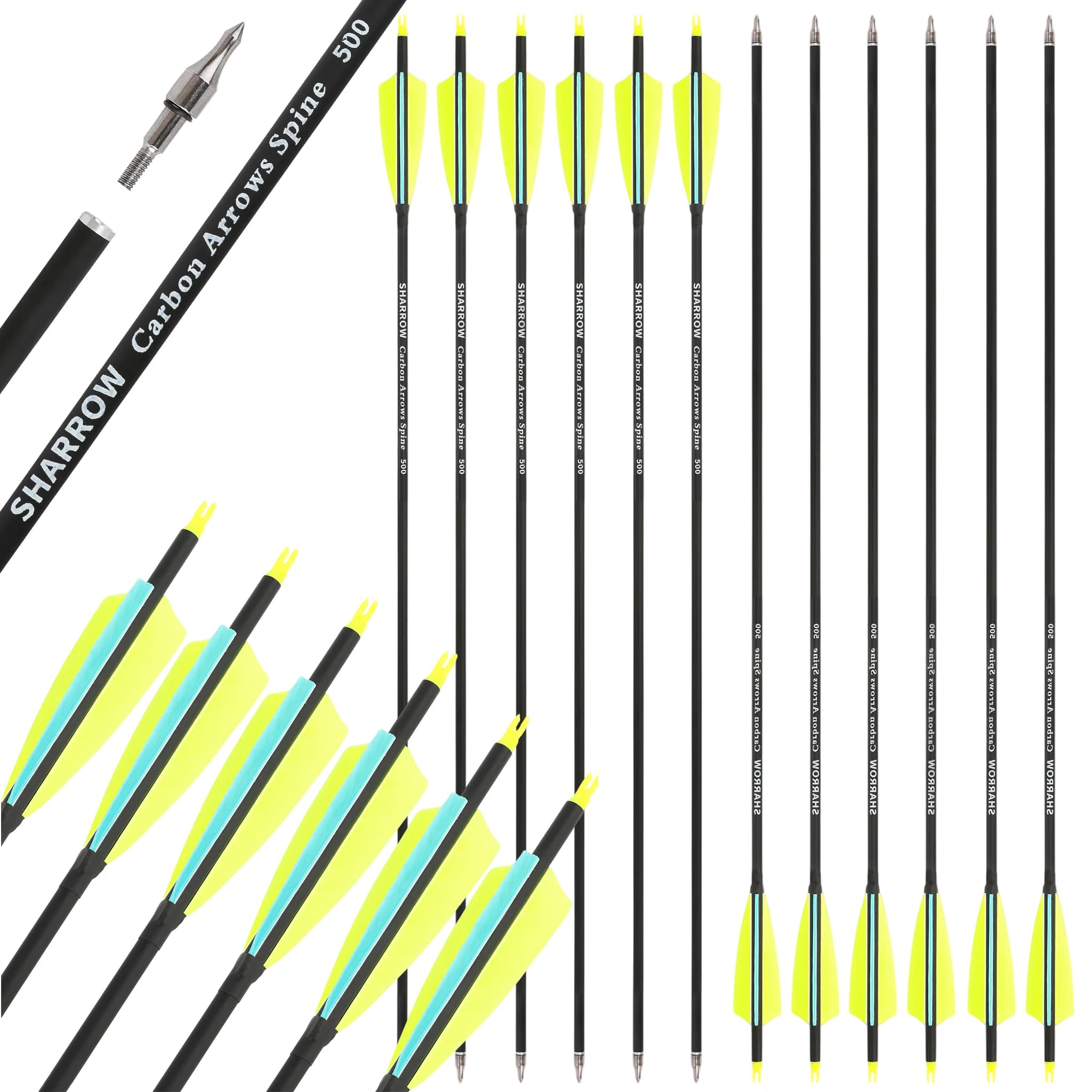 Archery 12pcs Mixed Carbon Arrows 31.6 Inch Spine 500 with 4" Turkey Feathers Replaceable Arrowheads Outdoor Target Shooting Accessories