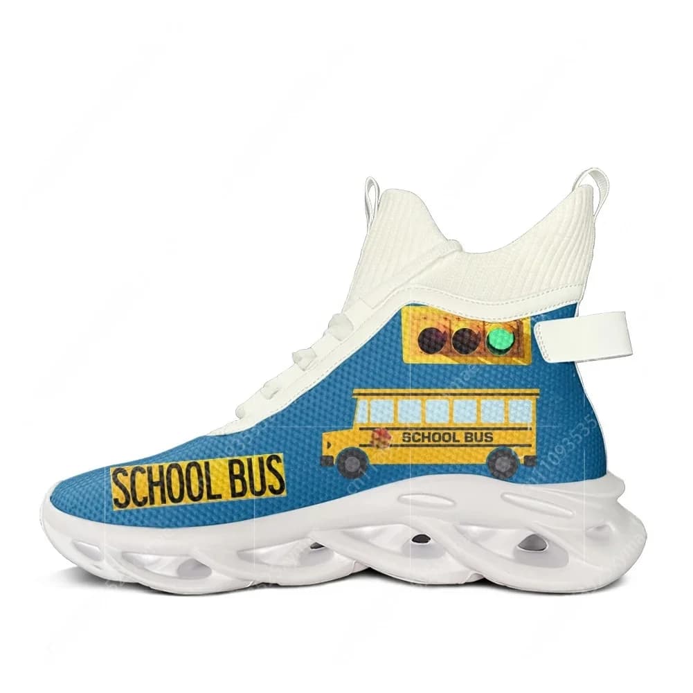 Sneakers alte stampate con autobus scolastico giallo, da uomo e donna, per escursioni, viaggi, alpinismo e corsa
