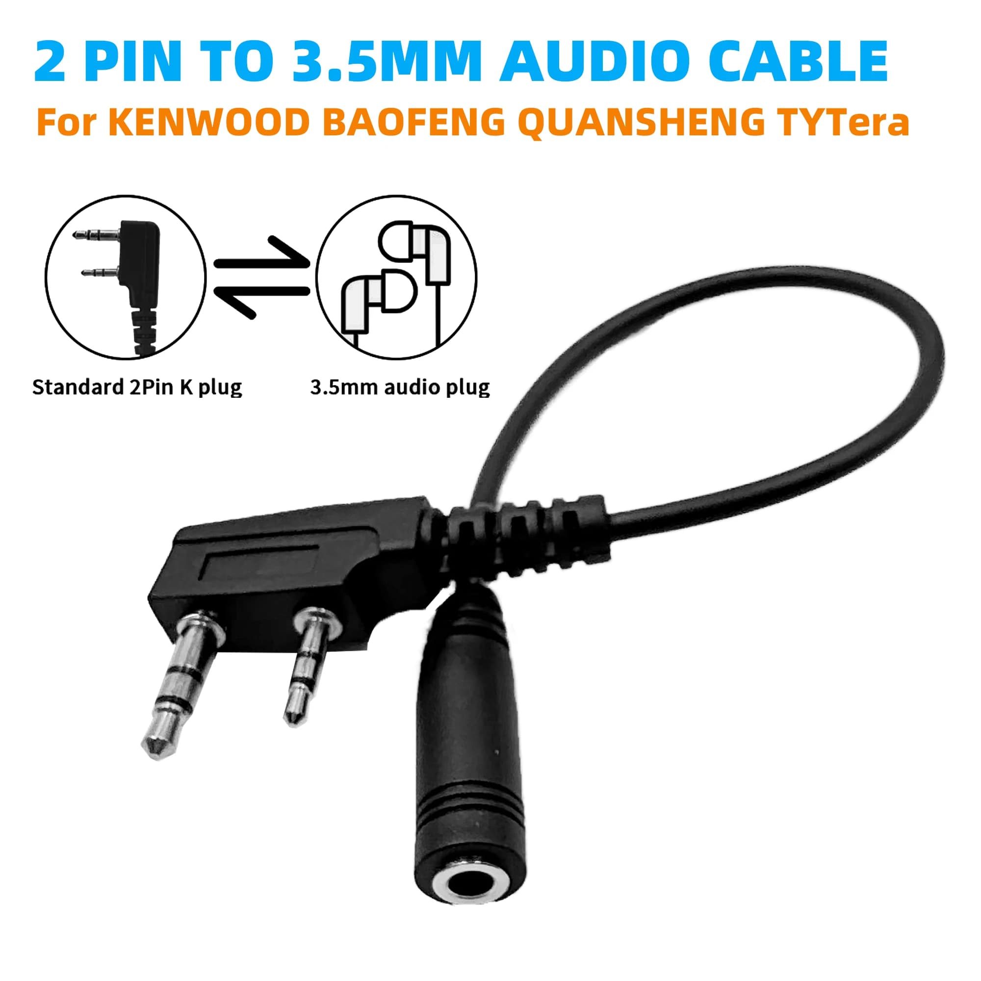 Baofeng Cavo adattatore per auricolare walkie talkie da 2 pin a 3,5 mm per Baofeng UV5R 888S Quansheng UV-K5(8) K6 CB Radio