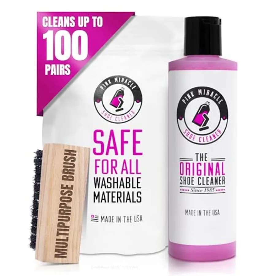 Kit detergente per scarpe Pink Miracle con flacone e spazzola per la pulizia di tessuti, pelle bianca, camoscio e sneaker in nabuk