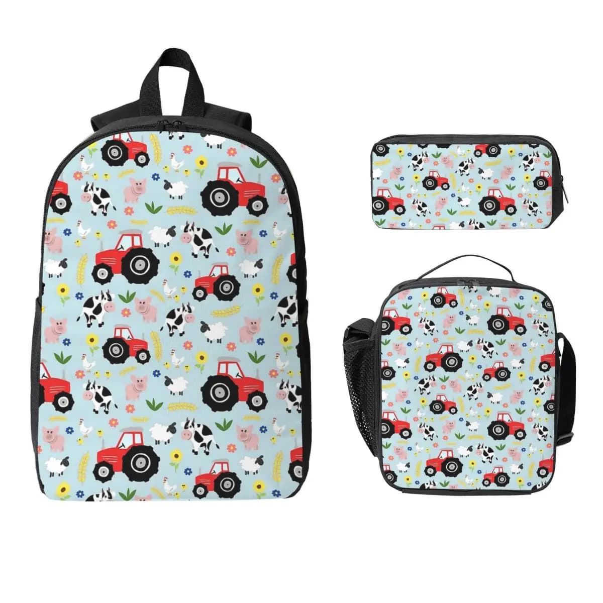 Cute Kids Red Tractor Farm Animal Pattern Backpack Student Boys Girls BookBag School Bag 3ps Insulated Lunch Bag Pencil Case