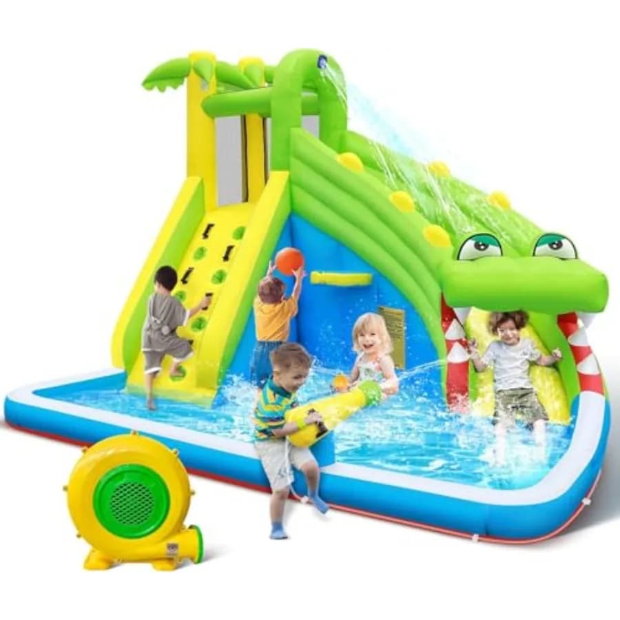 Scivolo d'Acqua Gonfiabile: Parco Acquatico 5-in-1 a Tema Coccodrillo con Parete da Arrampicata, Piscina, Cannone ad Acqua, Canestro da Basket in PVC