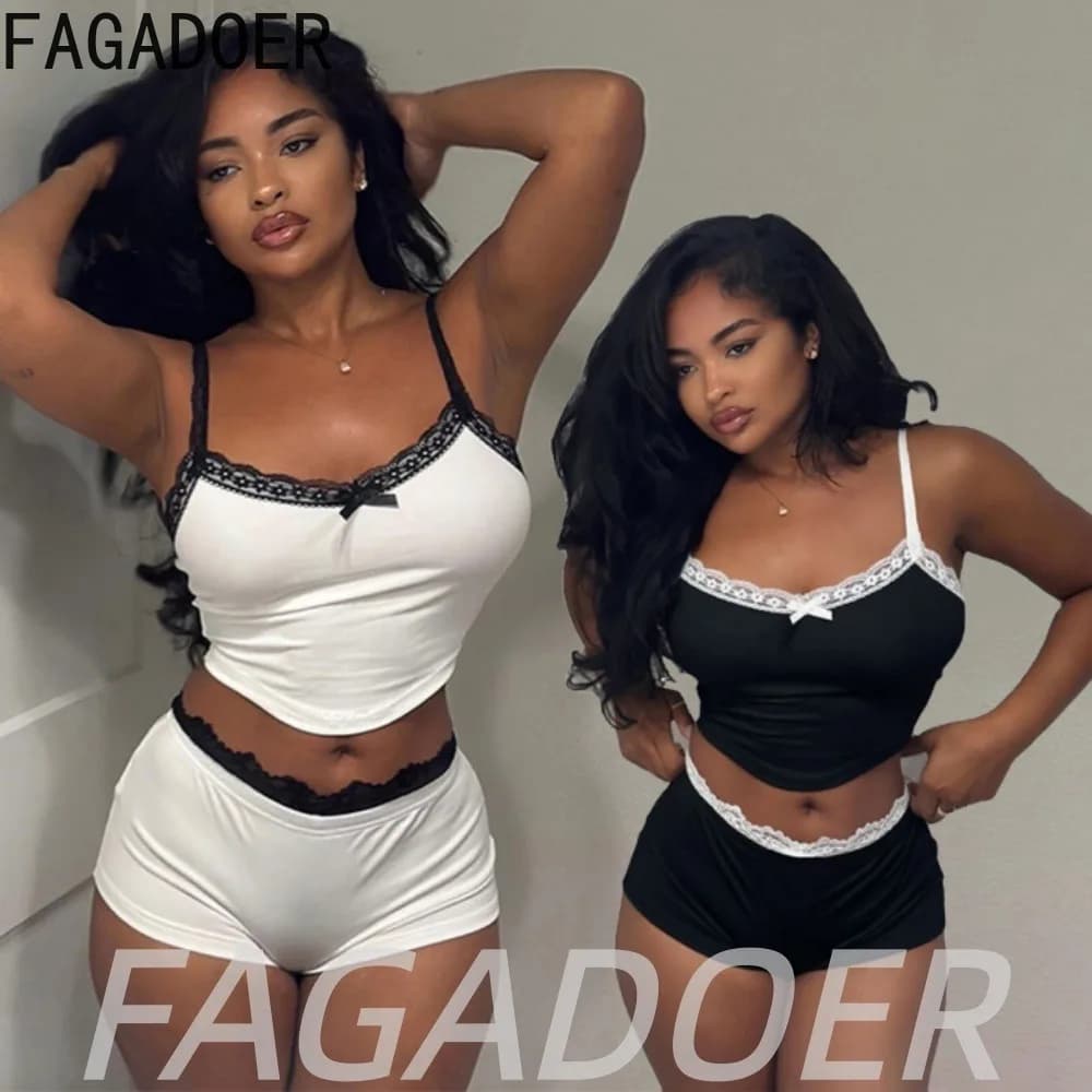 FAGADOER Set Due Pezzi con Shorts in Pizzo alla Moda, Completo Casual da Donna, Outfit Sexy con Top Corto a Spalline Sottili e Fiocco