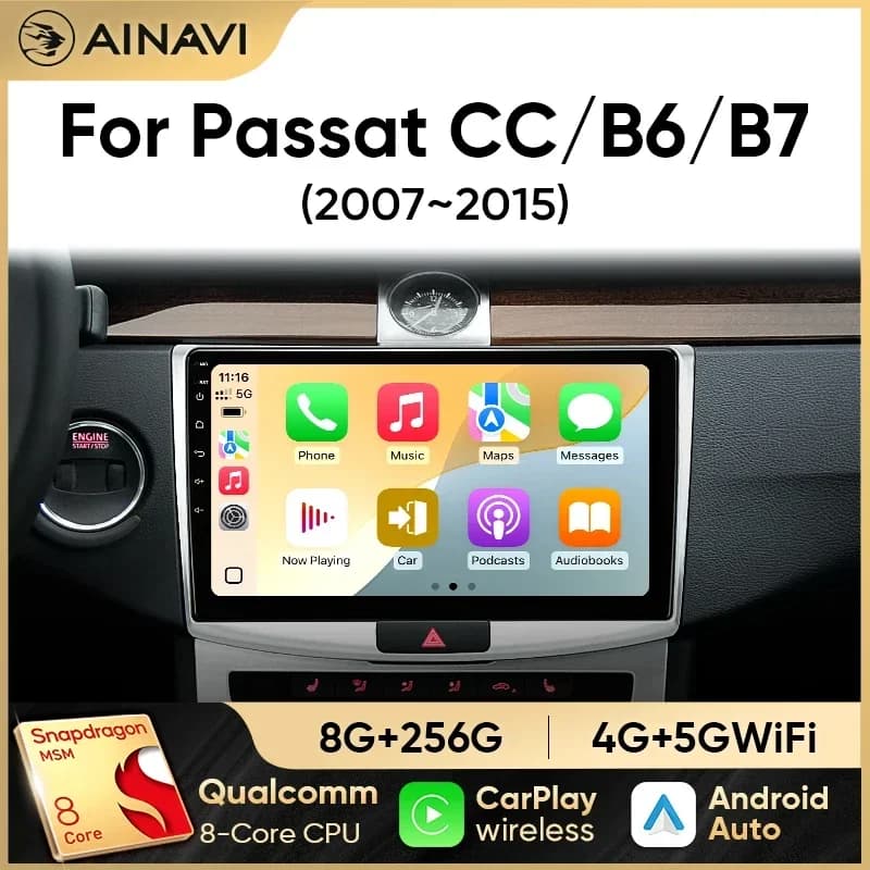 Lettore Multimediale Ainavi per Volkswagen VW Passat B6 B7 CC 2007-2015, Radio con Carplay Wireless e Android Auto, Autoradio 2 Din