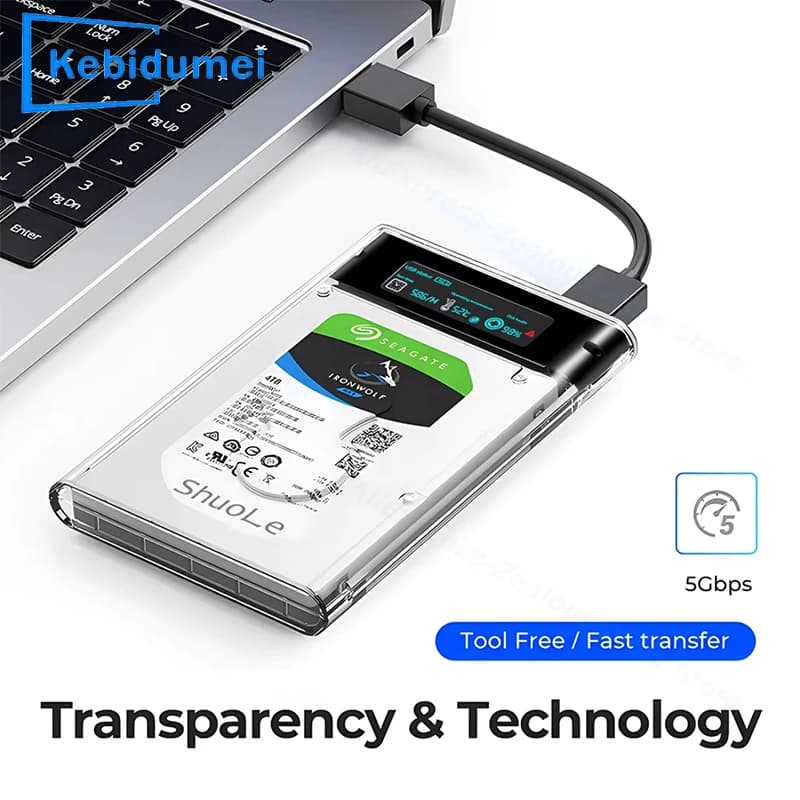 Custodia HDD SSD da 2,5 '' con schermo di visualizzazione Custodia HDD trasparente Custodia per disco rigido SATA a USB 3.0 Supporto esterno da 6 TB senza attrezzi