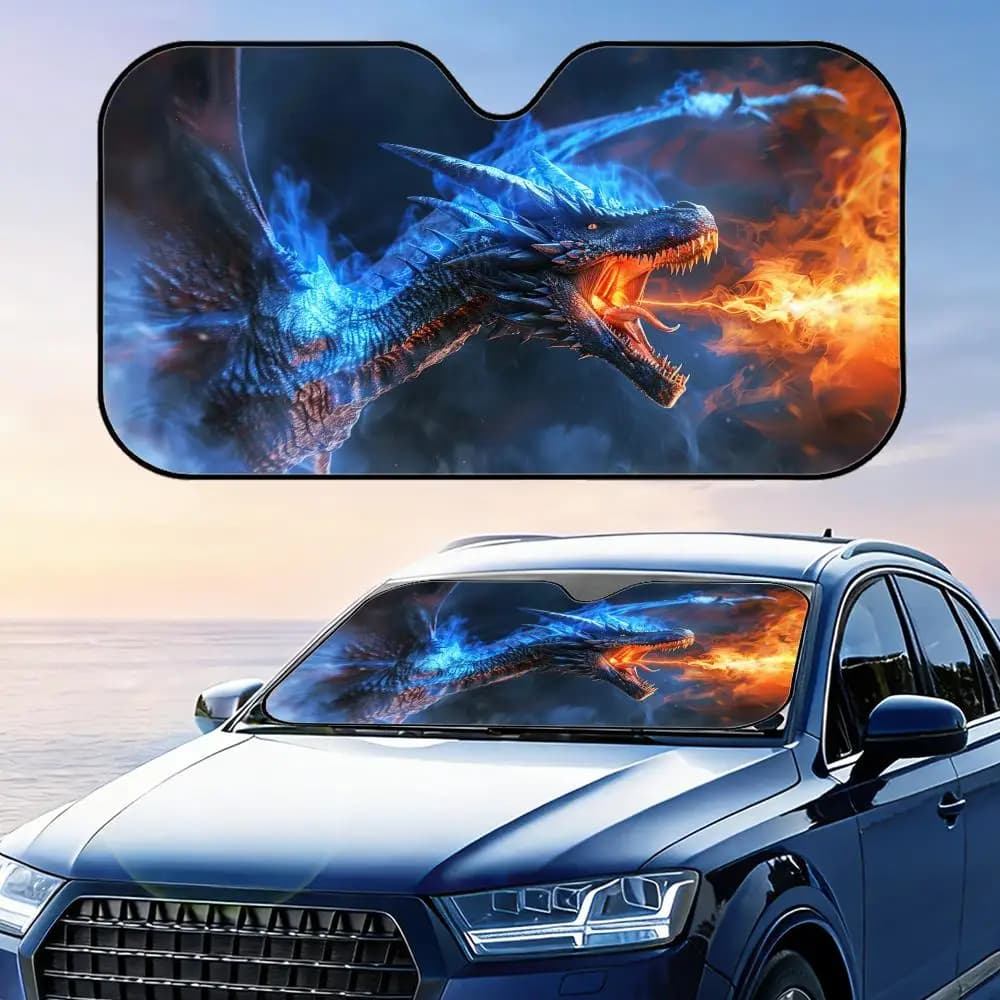 Parasole pieghevole universale per parabrezza auto con stampa Blue Dragon Thunder, protezione UV, isolamento termico, copertura pieghevole