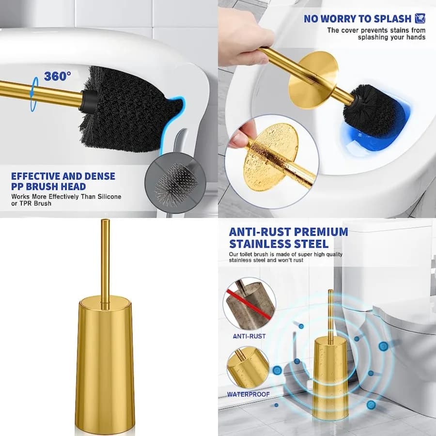 Spazzola per WC con supporto, spazzola per WC in acciaio inossidabile, spazzola per WC per bagno - Ergonomica, elegante, resistente (Oro)