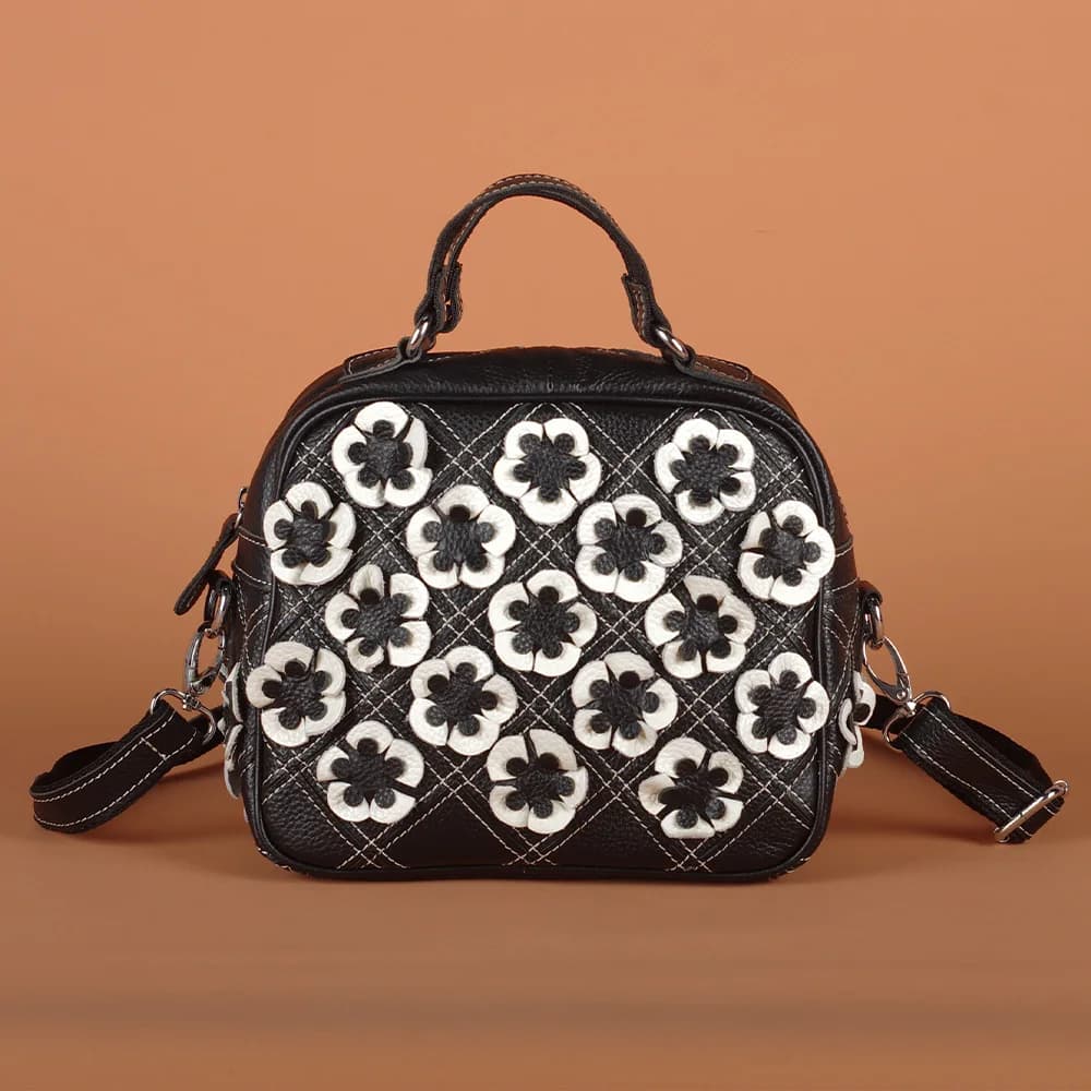 Black and white contrast color handmade flower stitching fashion design leather cowhide check handbag women's shoulder bag