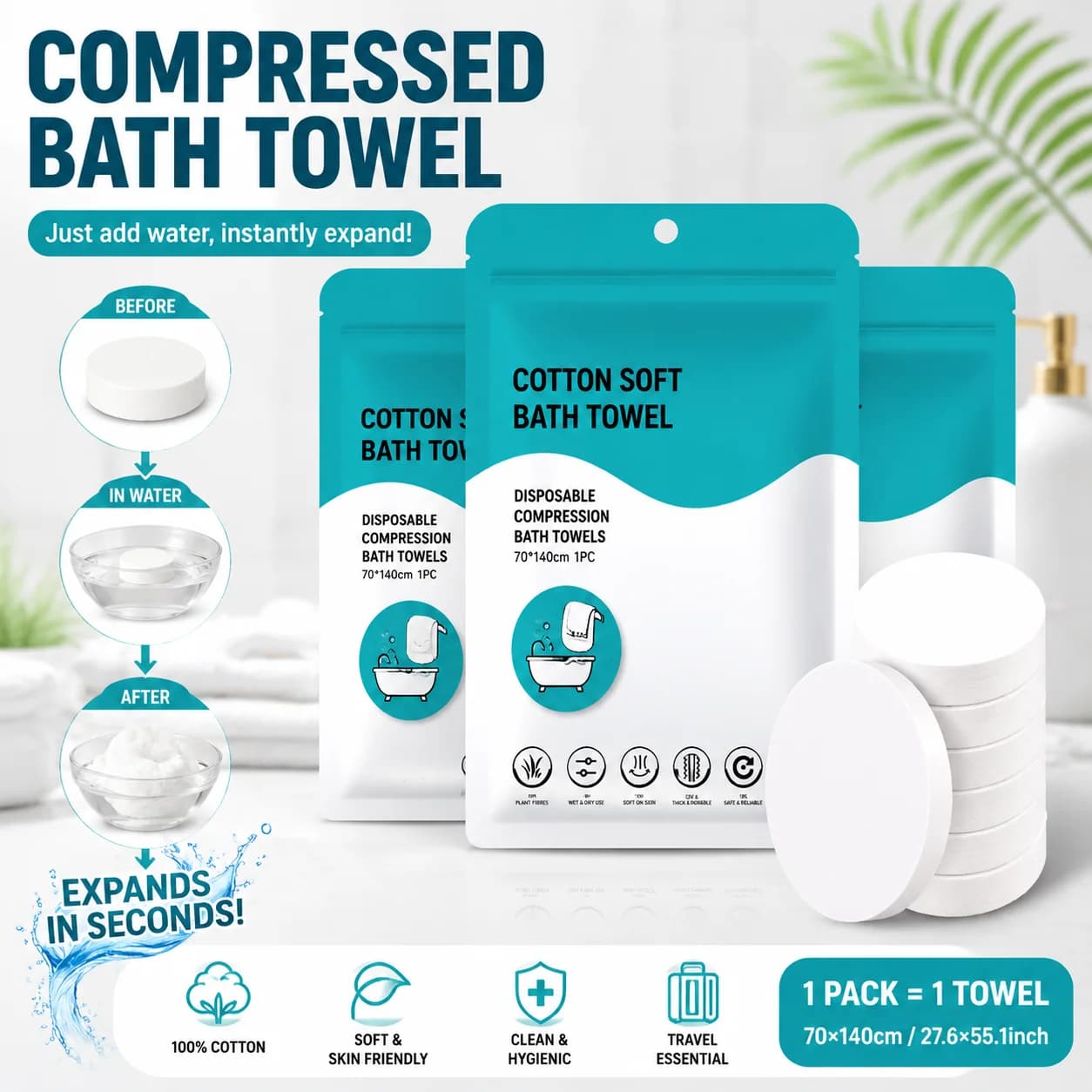 Disposable Compressed Bath Towel, Disposable Towels, Soft Travel Bath Towel 70x140cm, Portable, Travel Use