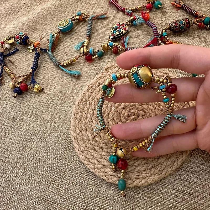 Ethnic Tibetan Style Creative Bell Bracelet Beaded Hand Rope Adjustable Jewelry Gift For Women