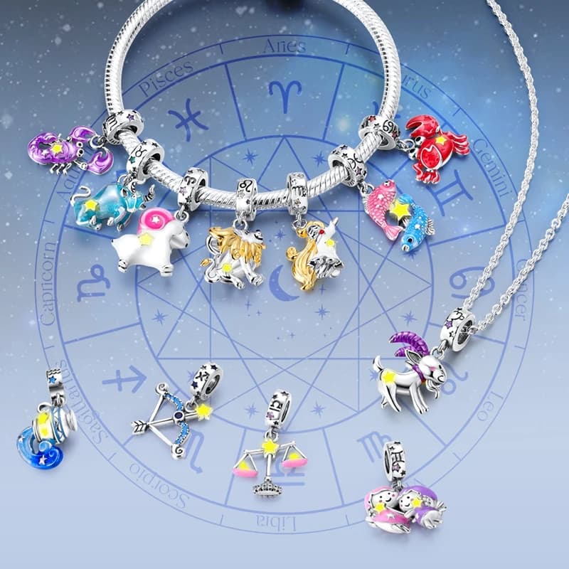 Original 925 Sterling Silver Pendants with bright zodiac signs, pendants with beads for women, suitable for original bracelet, necklace, DIY gift