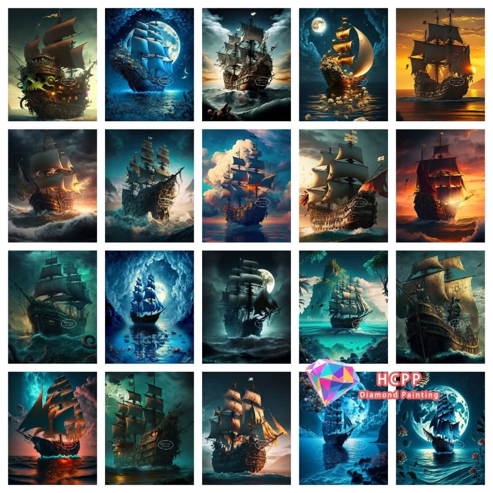 Black Pirate Ship Diamond Painting Kit Square Round Diamond 5D DIY Retro Sailing Scenery Mosaic Handmade Art Gift Home Decor