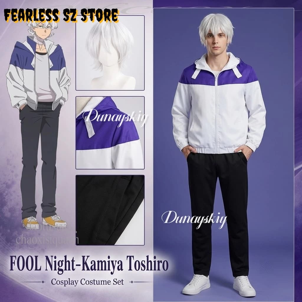 Kamiya Toshiro Cosplay Anime FOOL Night Costume Halloween Christmas Party Roleplay Handsome Punk Sporty Jacket Pants White Wigs