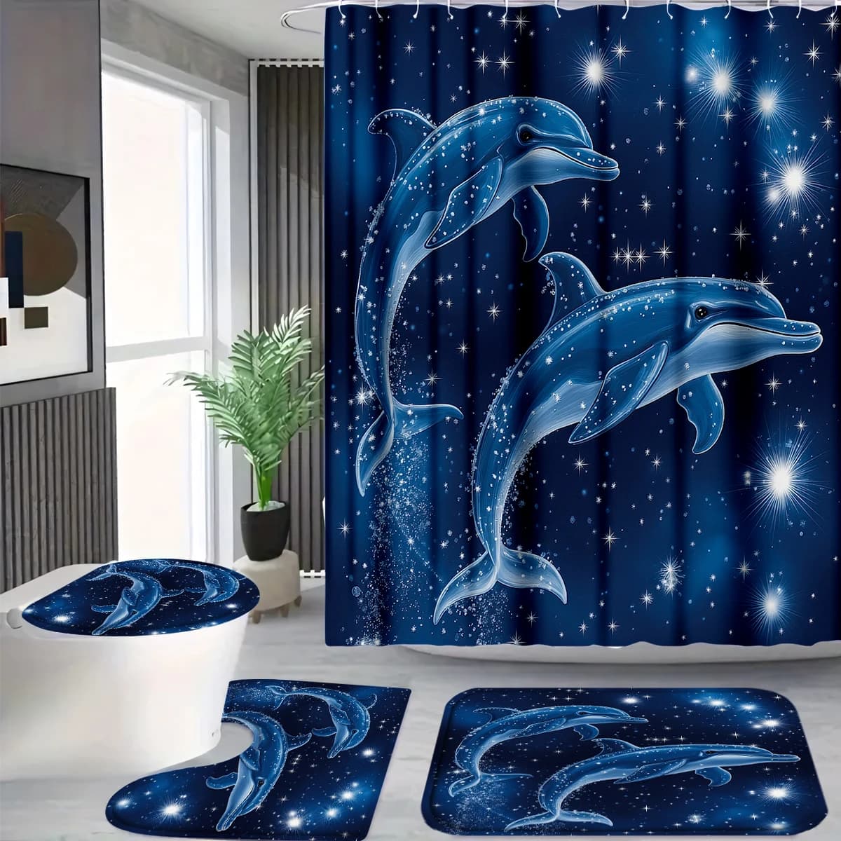 4 Pcs/Set Starry Night Dolphin Shower Curtain Bathroom Set, Ocean Galaxy Print Waterproof Mildew Resistant Fabric, Family Bathroom Decor, Magical & Nautical Style Bath Mat Set, Fits Apartment, Guest Bathroom, Home Use, Includes 12 Free Hooks