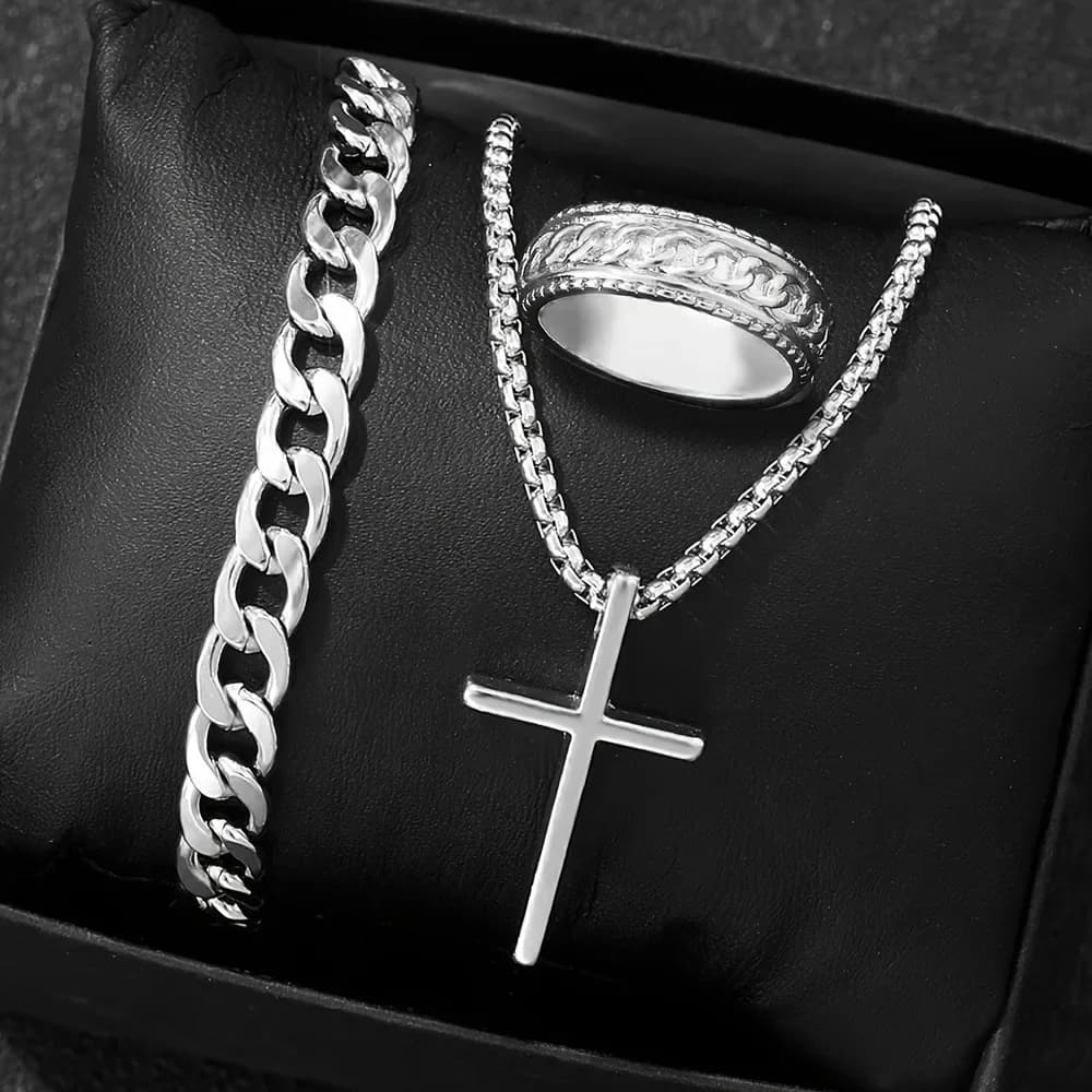 Set di Gioielli da Uomo in Acciaio Inossidabile: Collana con Ciondolo a Croce + Bracciale a Catena Cubana + Anello Inciso - Accessori Moda Hip Hop