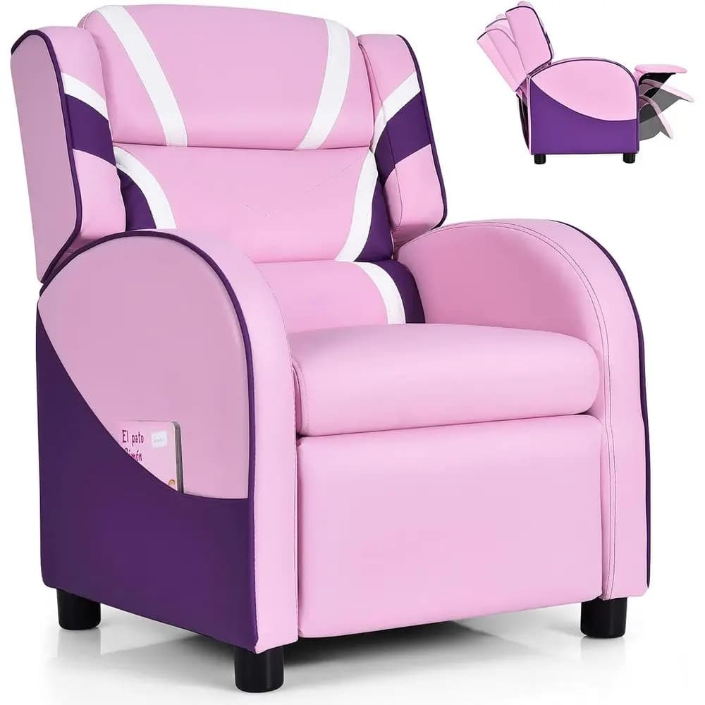 Poltrona Reclinabile Ergonomica Rosa con Poggiapiedi, Supporto Lombare e Tasche Laterali per Bambini e Sale Giochi