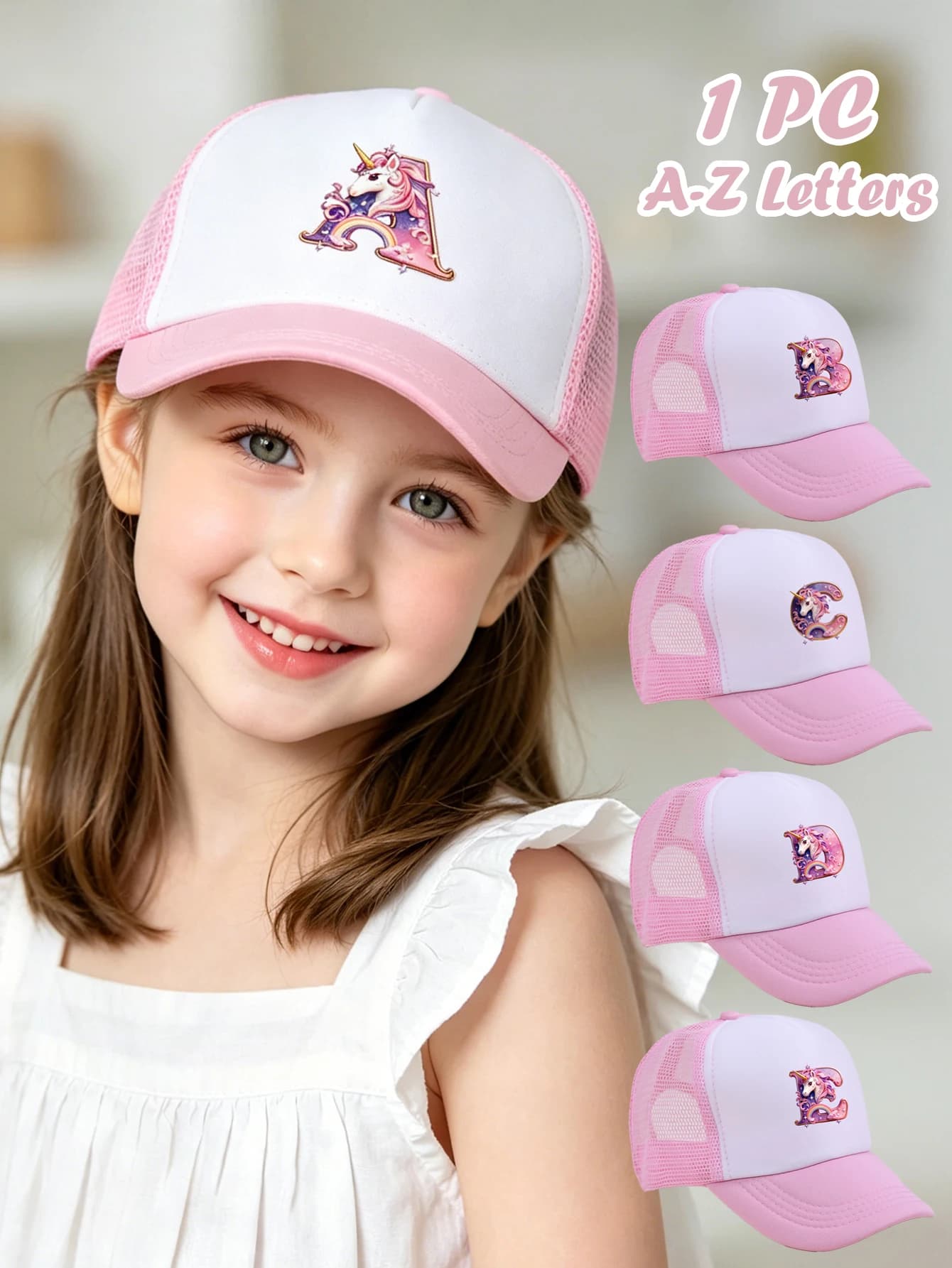 1 cappello rosa per neonati, berretto da baseball regolabile per bambini con lettera A-Z e unicorno arcobaleno - Cappello da sole traspirante per ragazzi e ragazze A