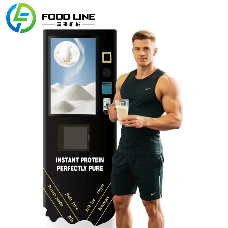 Automatic dispenser for commercial gym protein mixer, automatic dispensing of cups and custom logo printing