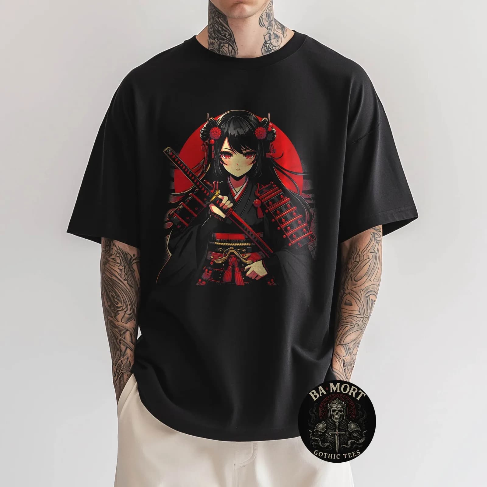 T-shirt da donna in stile gotico anime samurai, stile artistico giapponese