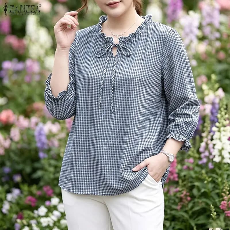 ZANZEA Women Plaid Blouse 3/4 Lantern Sleeve Tops Ruffle Tie Neck Loose Shirts Elegant Tunics Casual Work Autumn Blusas Ladies