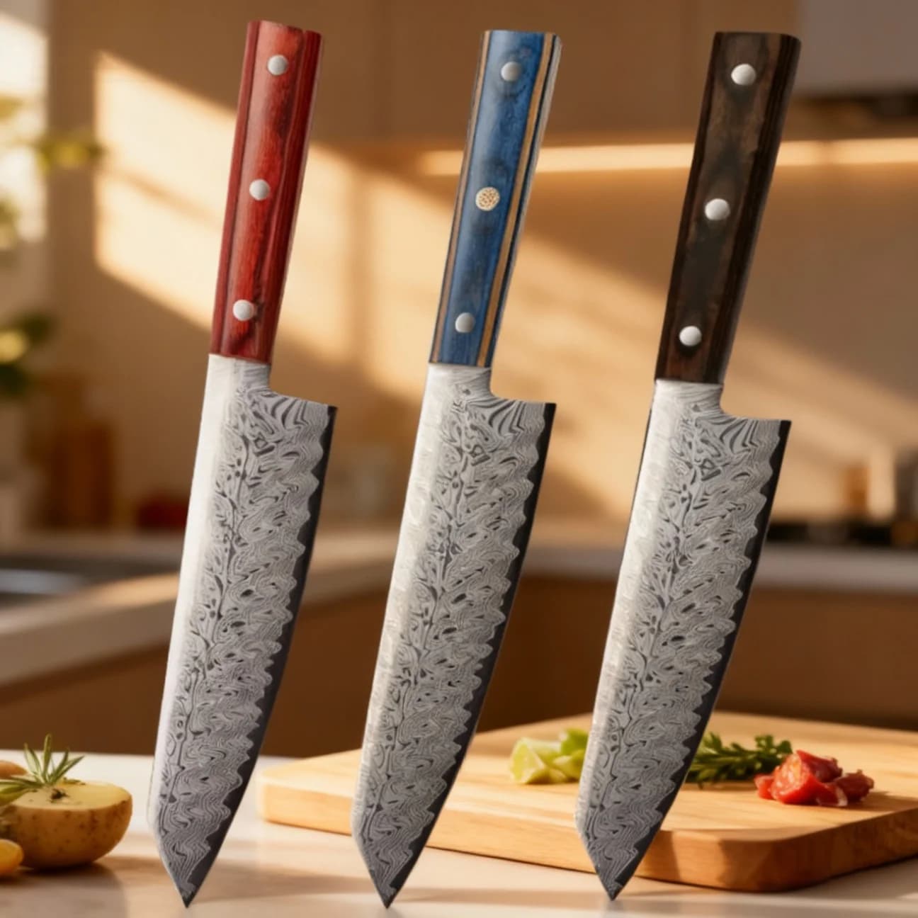 Professional kitchen knife, chef knife Damascus model, Japanese knife Santoku sharp, kitchen knife, knife with solid wood handle