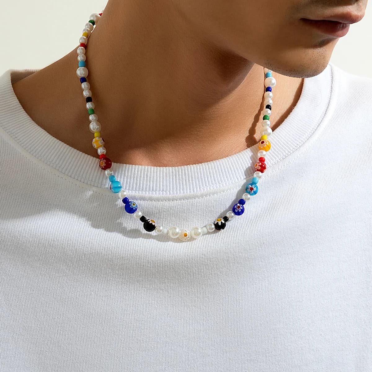 Salircon Trend Y2K Colorful Flower Pattern Acrylic Beads Necklace Charm Imitation Pearl Seeds Beads Chain Round Neckline Man Casual Jewelry
