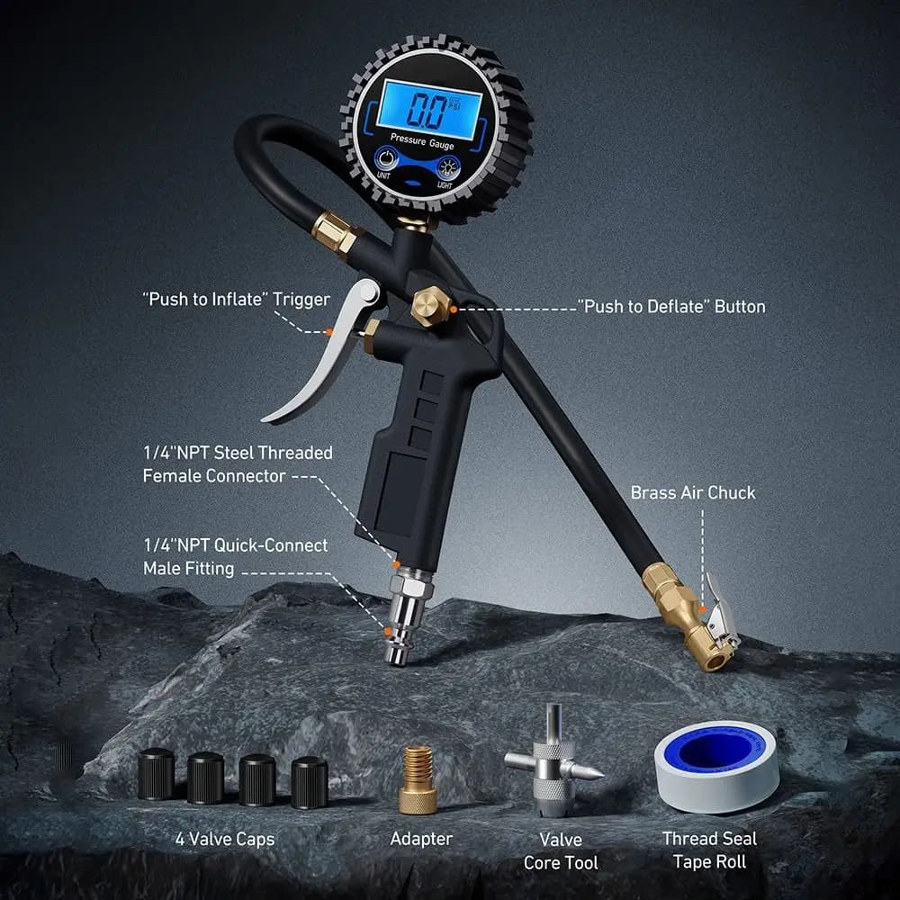 Manometro Digitale per Pneumatici 250 PSI Risoluzione 0.1 con Attacco Aria Resistente per Compressore Gonfiagomme
