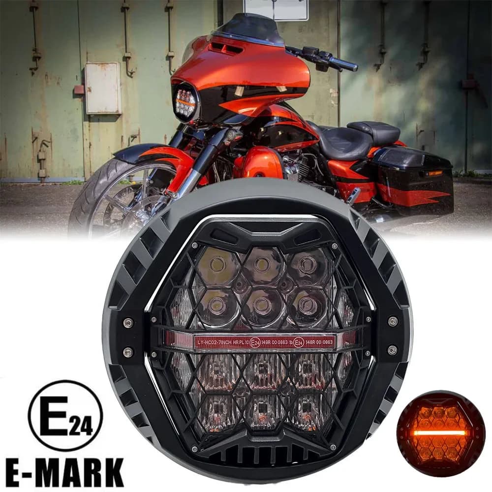 Faro LED rotondo da 7 pollici DRL E24 approvato per Harley Touring Street Glide 2014-2023 Proiettore faro moto Fascio alto-basso